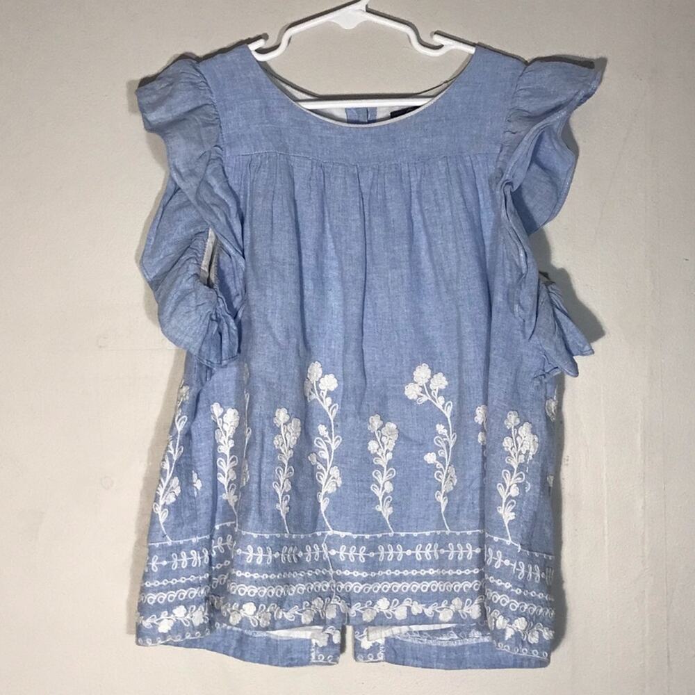 Tizzas chambray baby little girl dress embroidered flowers blue white sz 11-12m